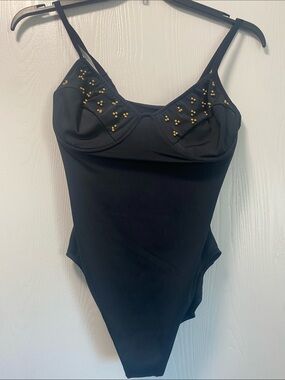 Vintage Roxanne Couture Black & Gold Beaded Swimsuit